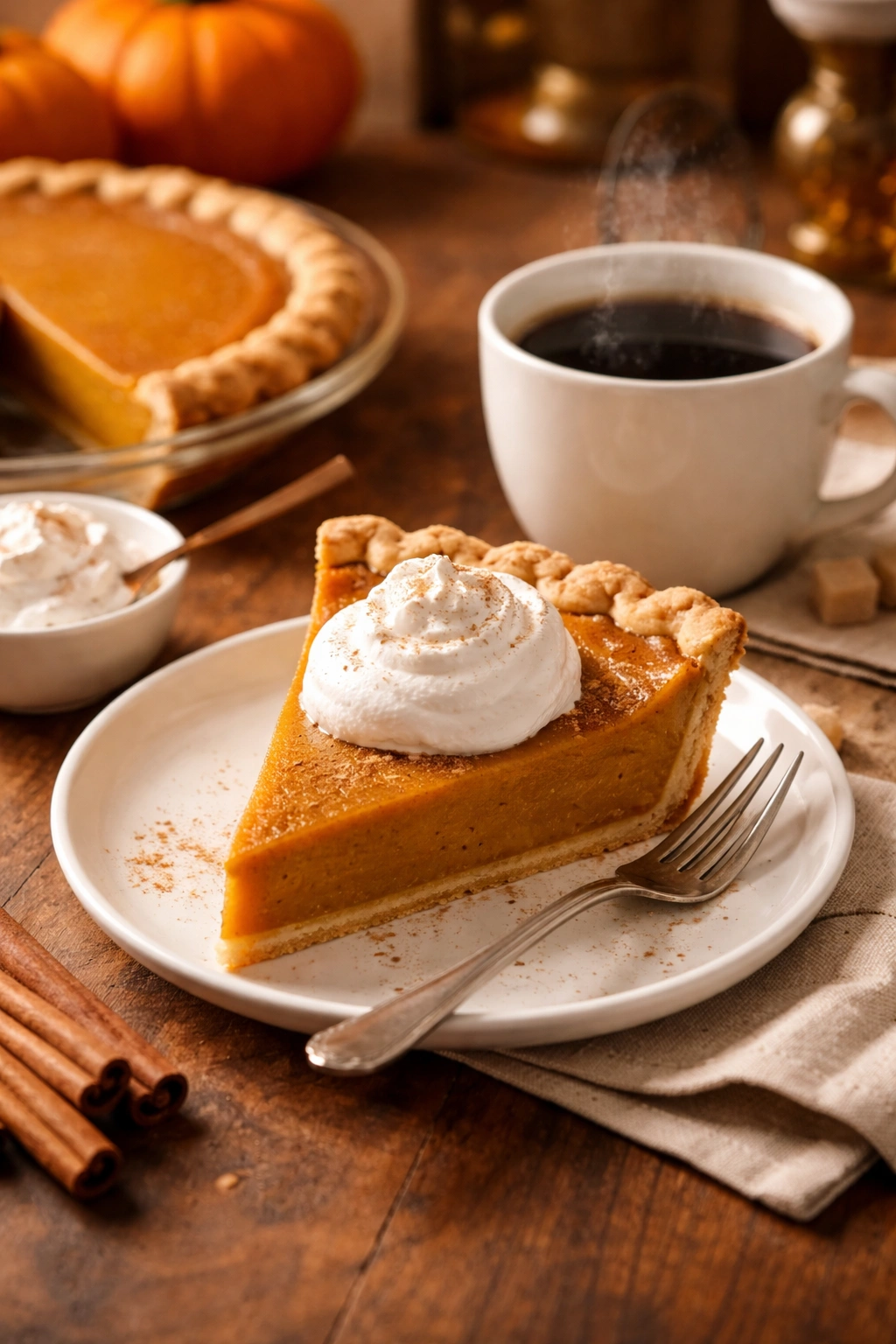 Close-up of pumpkin pie slice with whipped cream and coffee on wooden table
