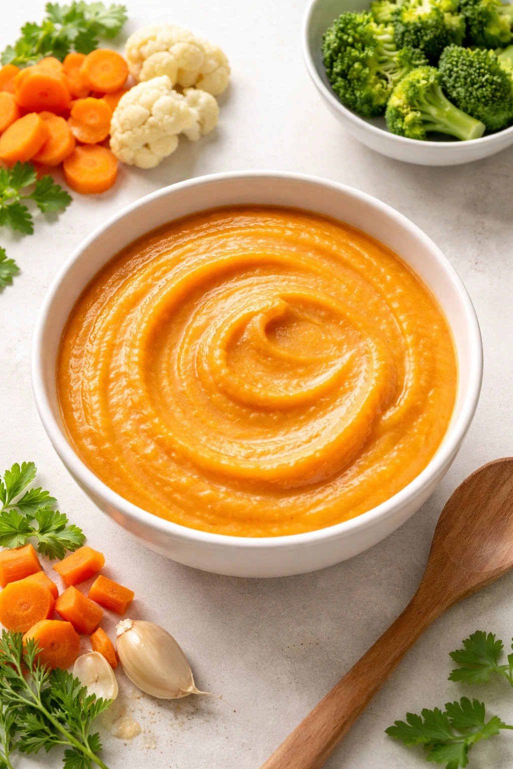 Smooth bowl of pureed vegetables showing a creamy texture