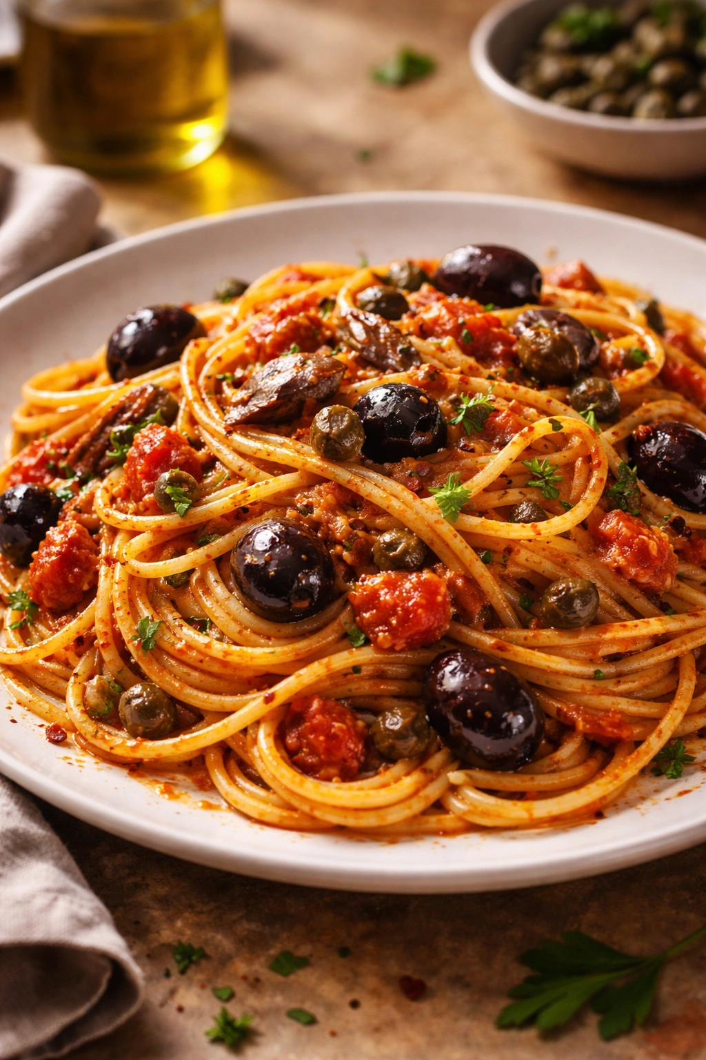 Puttanesca pasta with anchovies olives and capers
