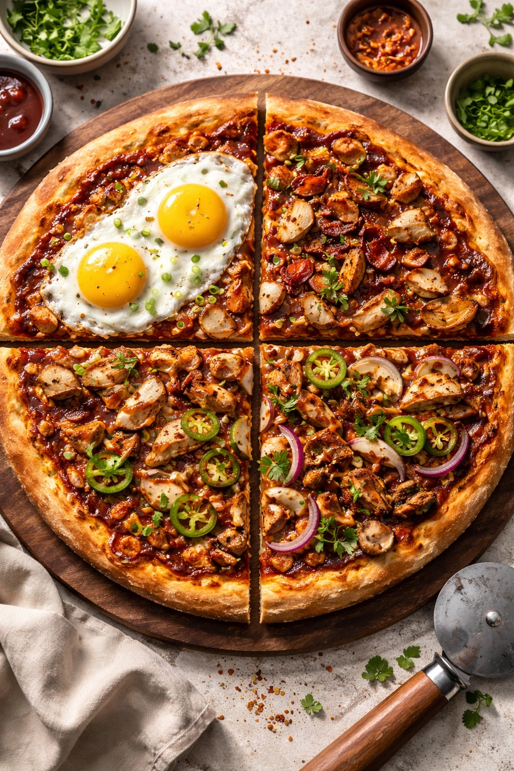 Quad-topped pizza showing four variations: eggs, bacon, jalapeños, jackfruit on a wooden board