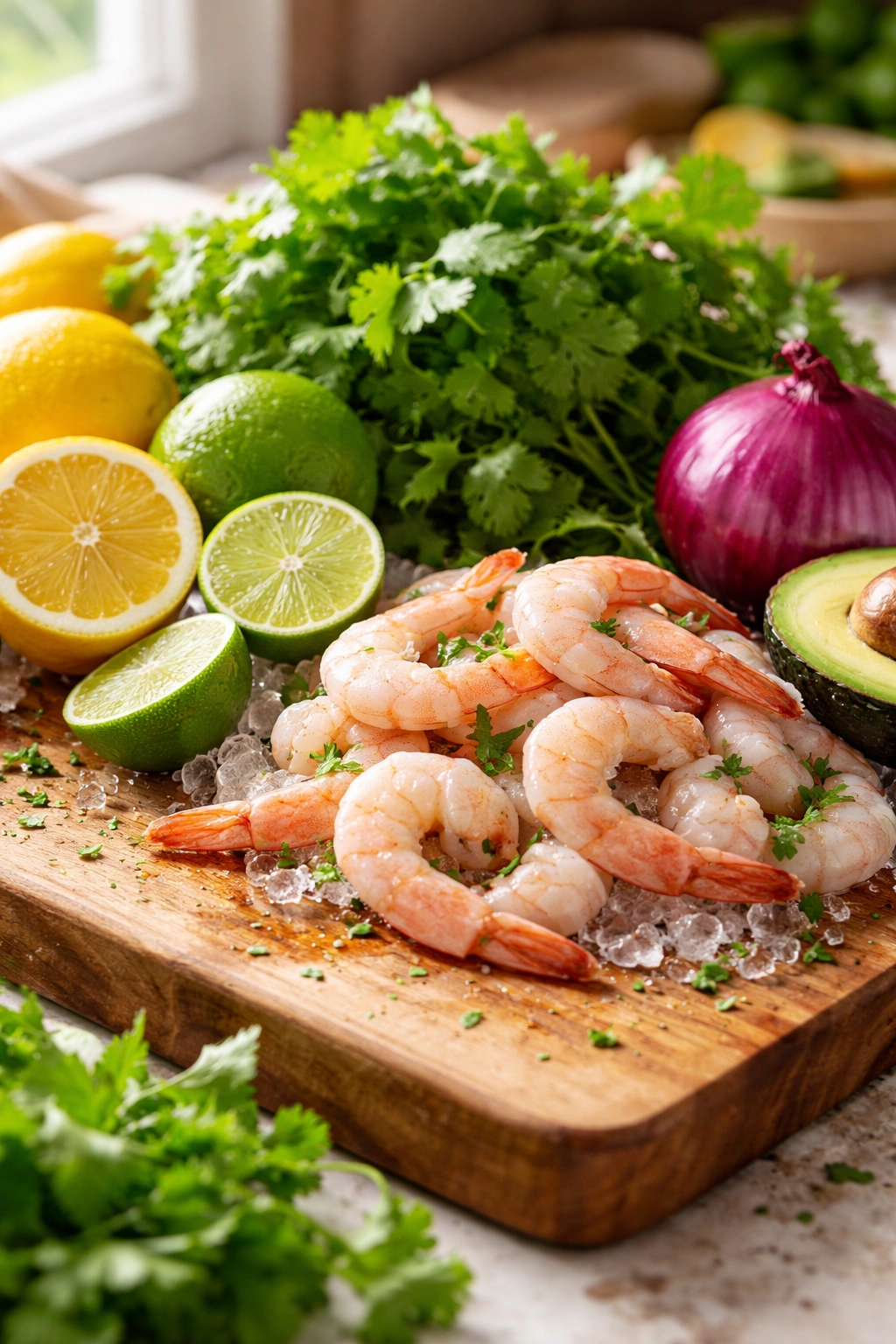 Still-life of fresh shrimp, citrus, cilantro, and onion for ceviche