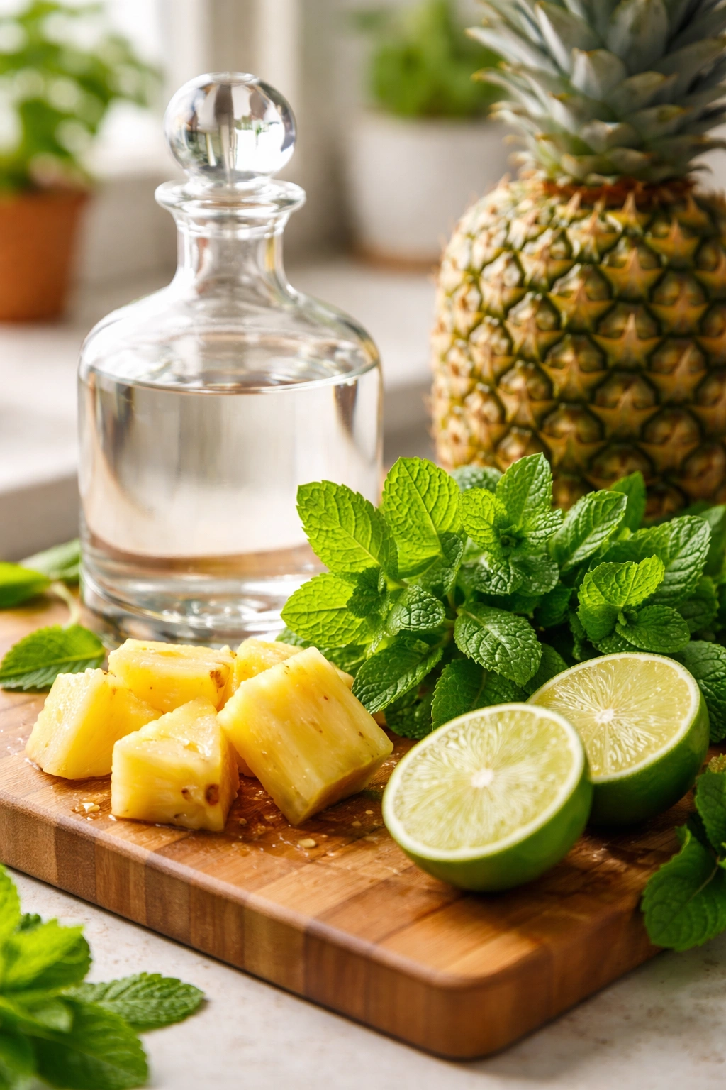 Fresh mint, pineapple, lime, and rum arranged to show quality ingredients
