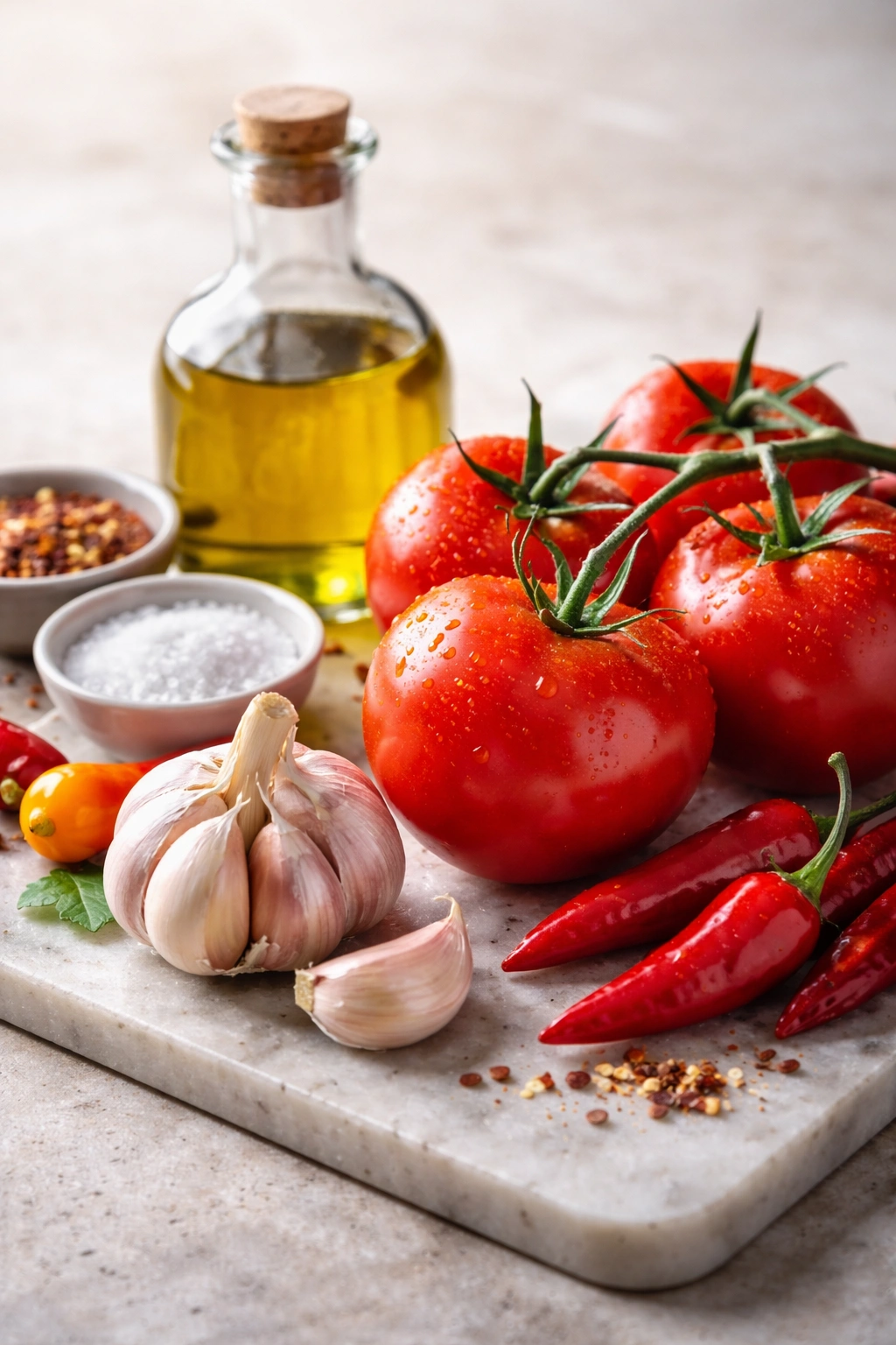 Close-up of high-quality ingredients for sauce: tomatoes, olive oil, and garlic