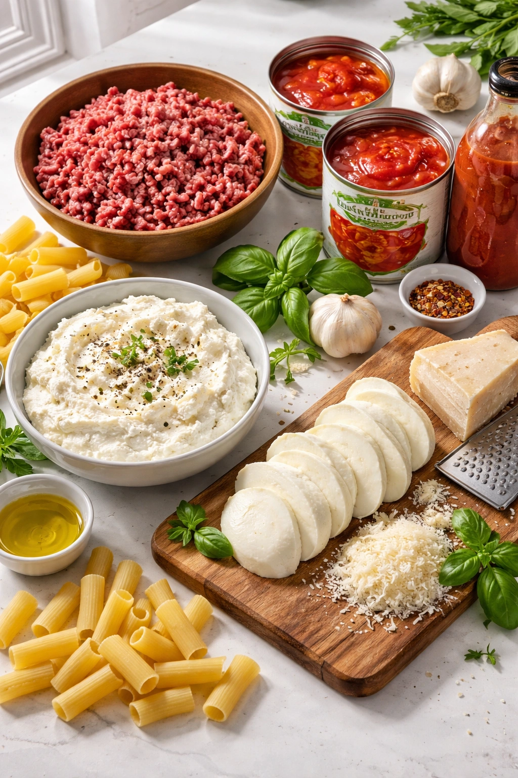 Bright countertop with ground beef, San Marzano tomatoes, mozzarella and Parmesan