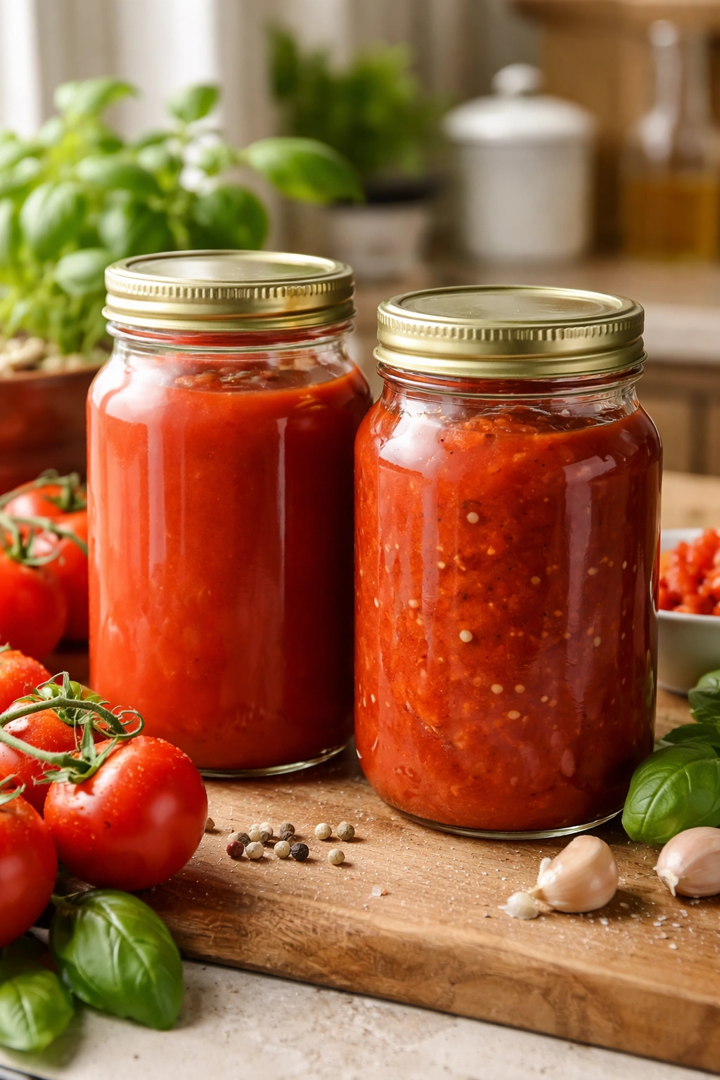 High-quality tomato puree and sauce in clear glass jars on a wooden surface