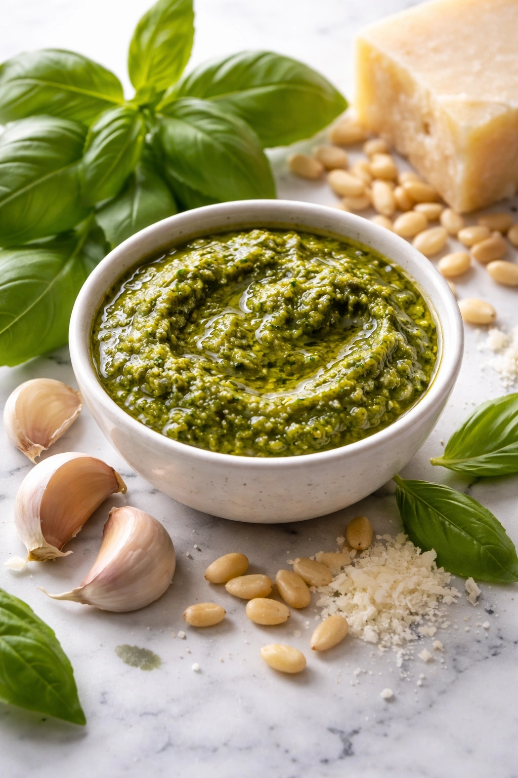 Vibrant green pesto with basil and pine nuts on a clean surface