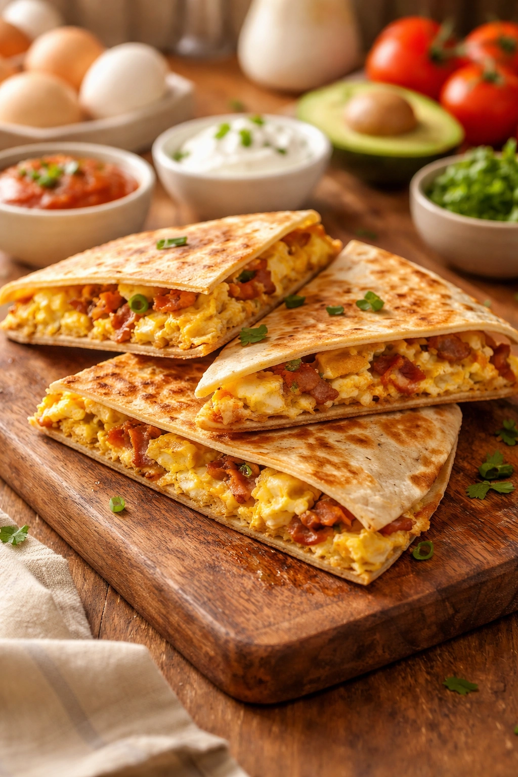 Three quesadillas arranged on a wooden board under warm kitchen lighting