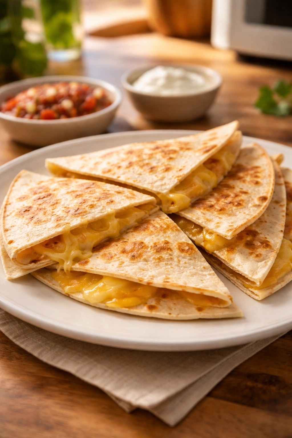 Folded quesadilla with melted cheese on a plate