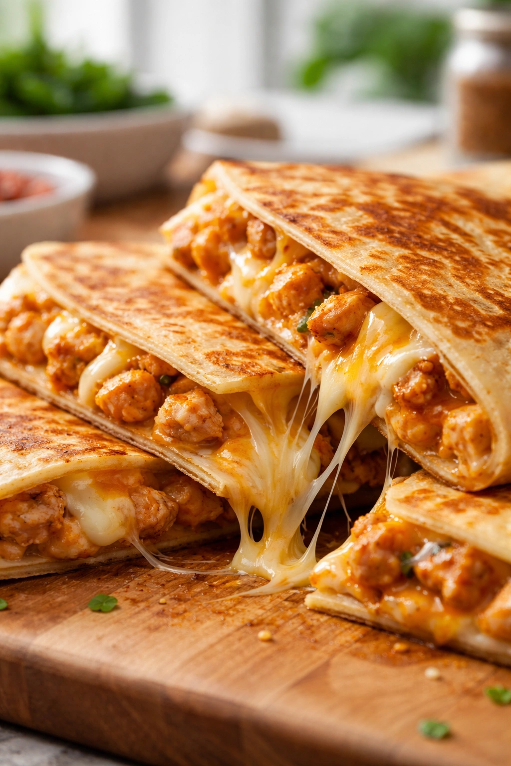 Close-up of a quesadilla showing melted cheese and chicken inside on a wooden cutting board