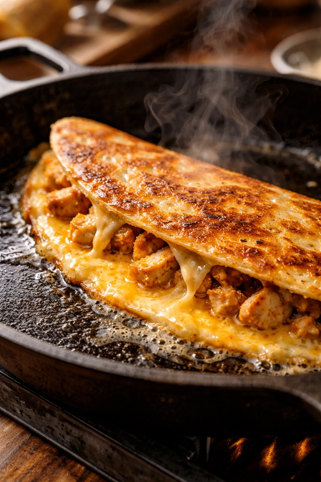 Quesadilla browning in skillet with foaming butter creating crispy edges