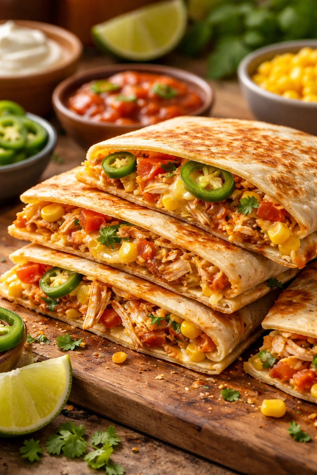 Open quesadilla revealing chicken, cheese, and jalapeño fillings