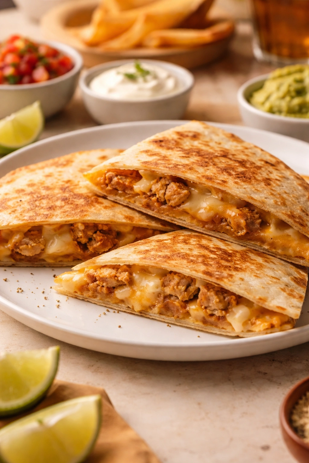 Sliced quesadilla on plate with warm lighting