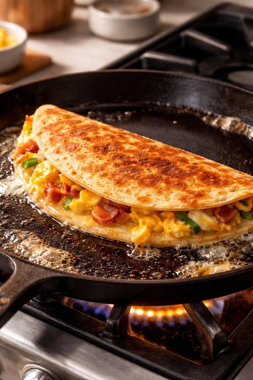 Crisp quesadilla cooking on a griddle with butter foaming