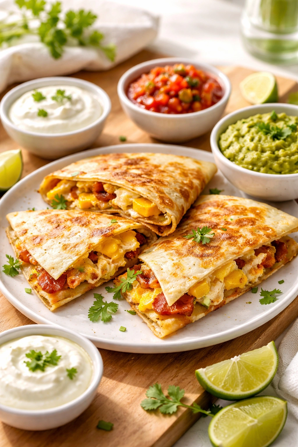 Close-up of a crispy breakfast quesadilla on a plate with bowls of sour cream, salsa, and guacamole in bright kitchen