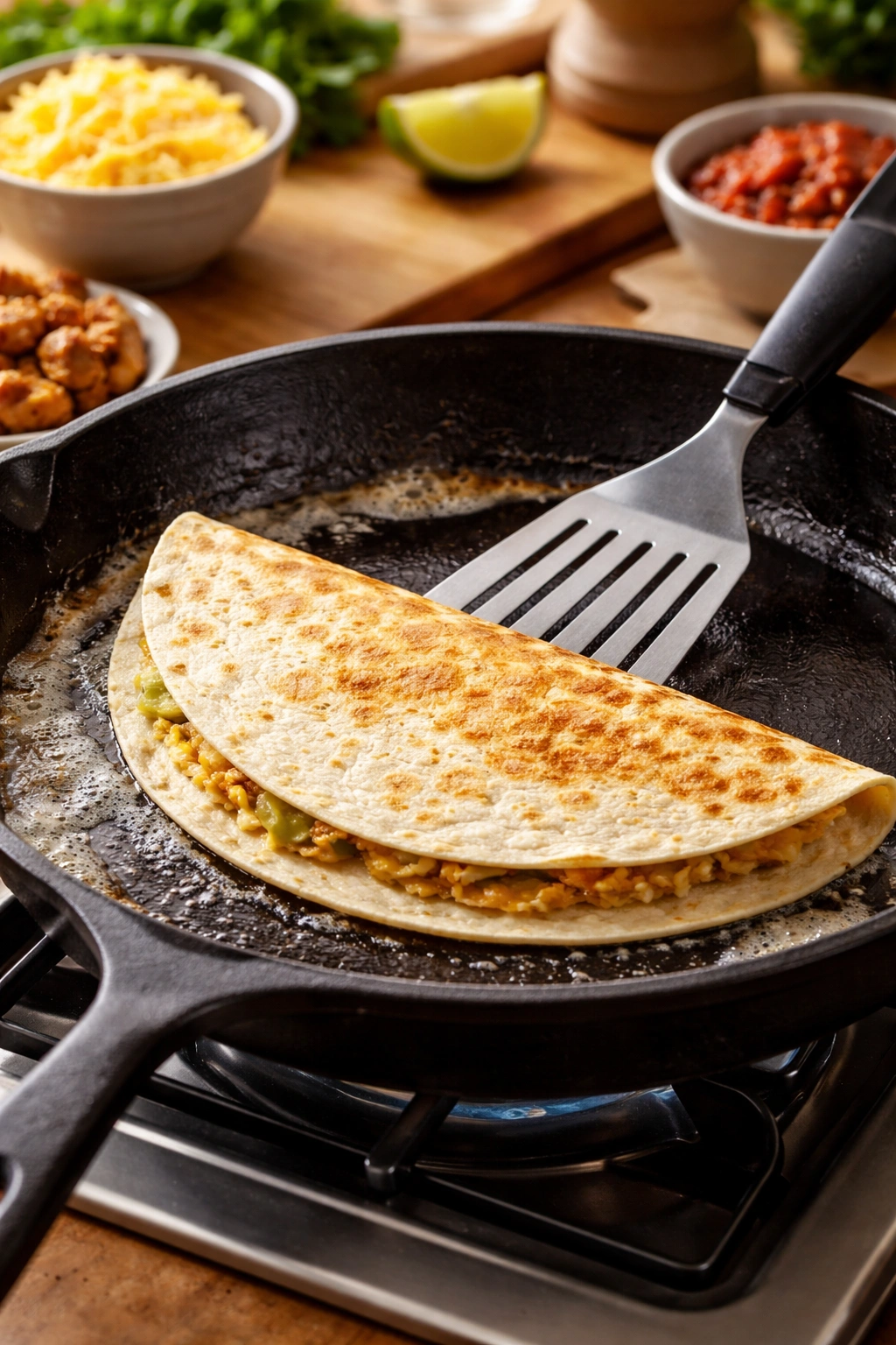 Butter foaming in a hot skillet as a tortilla is pressed to preheat for quesadilla