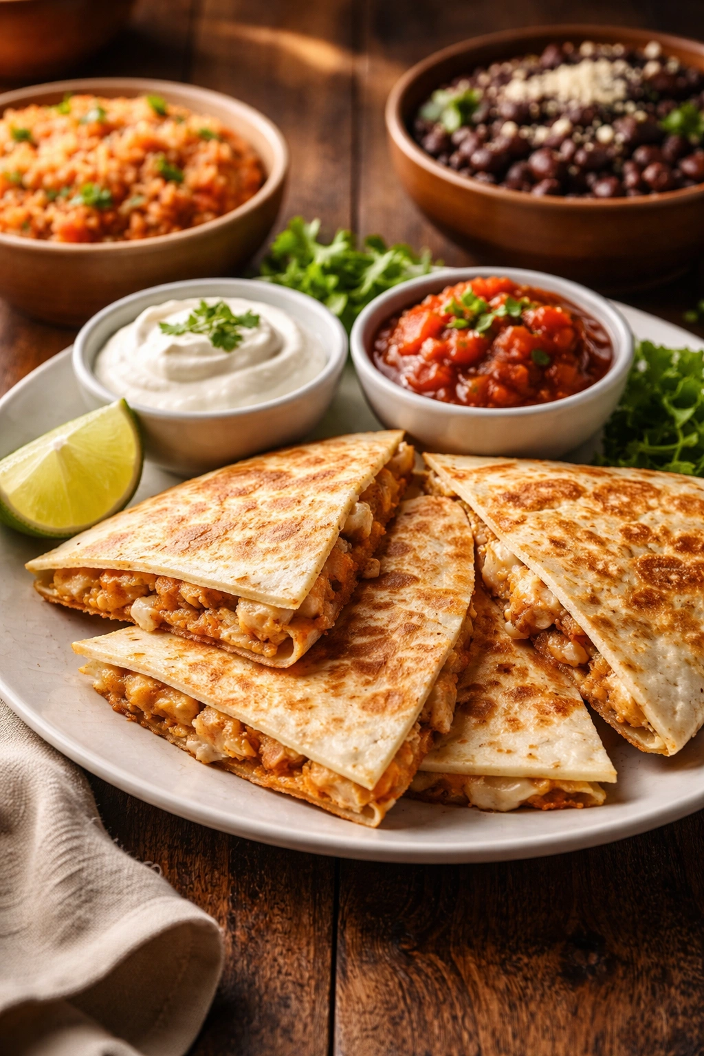 Quesadilla plated with sour cream, salsa, and lime as serving pairings