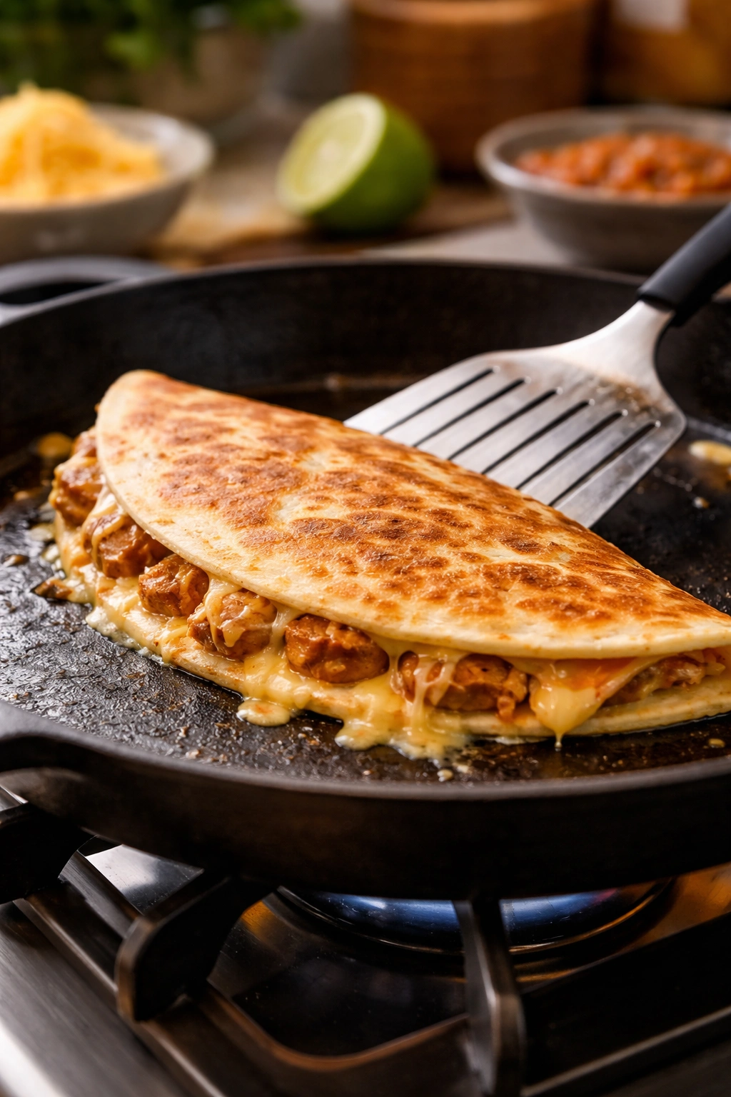 Close-up of a quesadilla sizzling in a cast-iron skillet, cheese melting and ready to flip