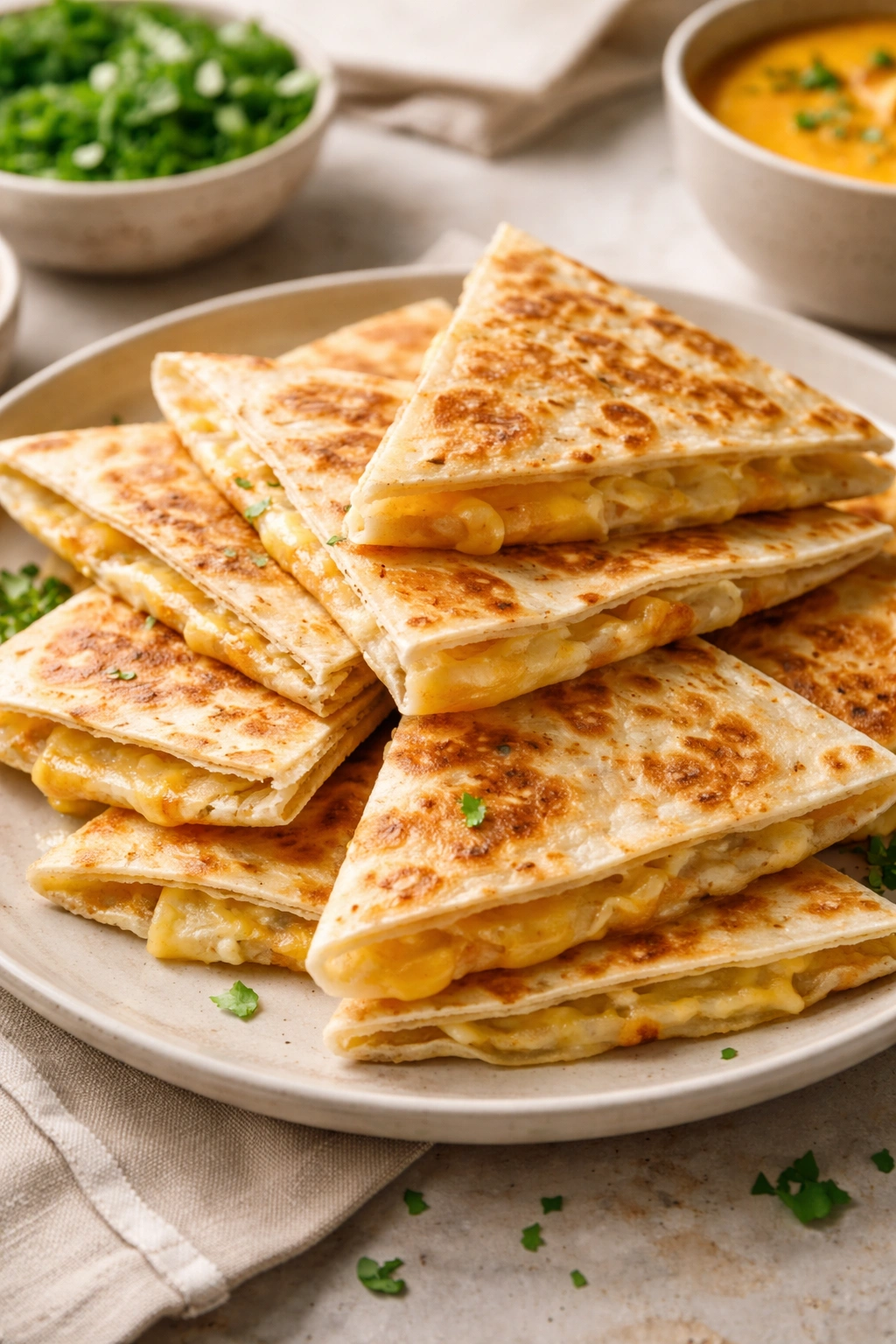 Quesadillas on a plate showing melted cheese and crisp edges
