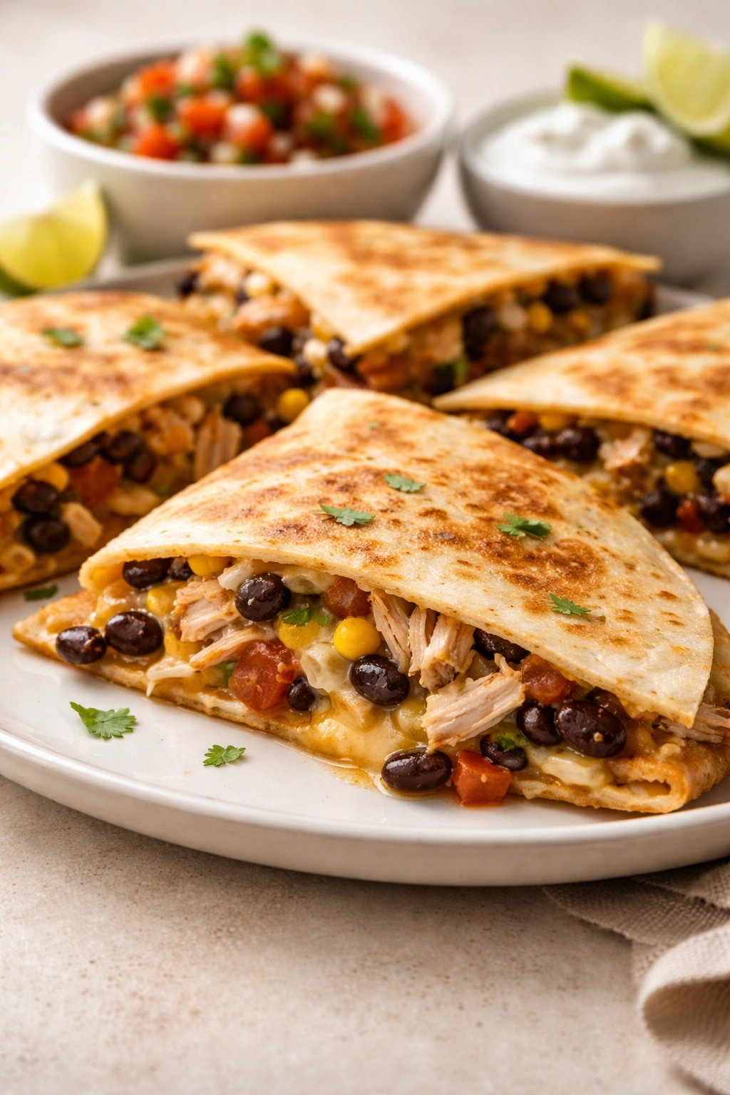 Quesadilla half with melted cheese on plate