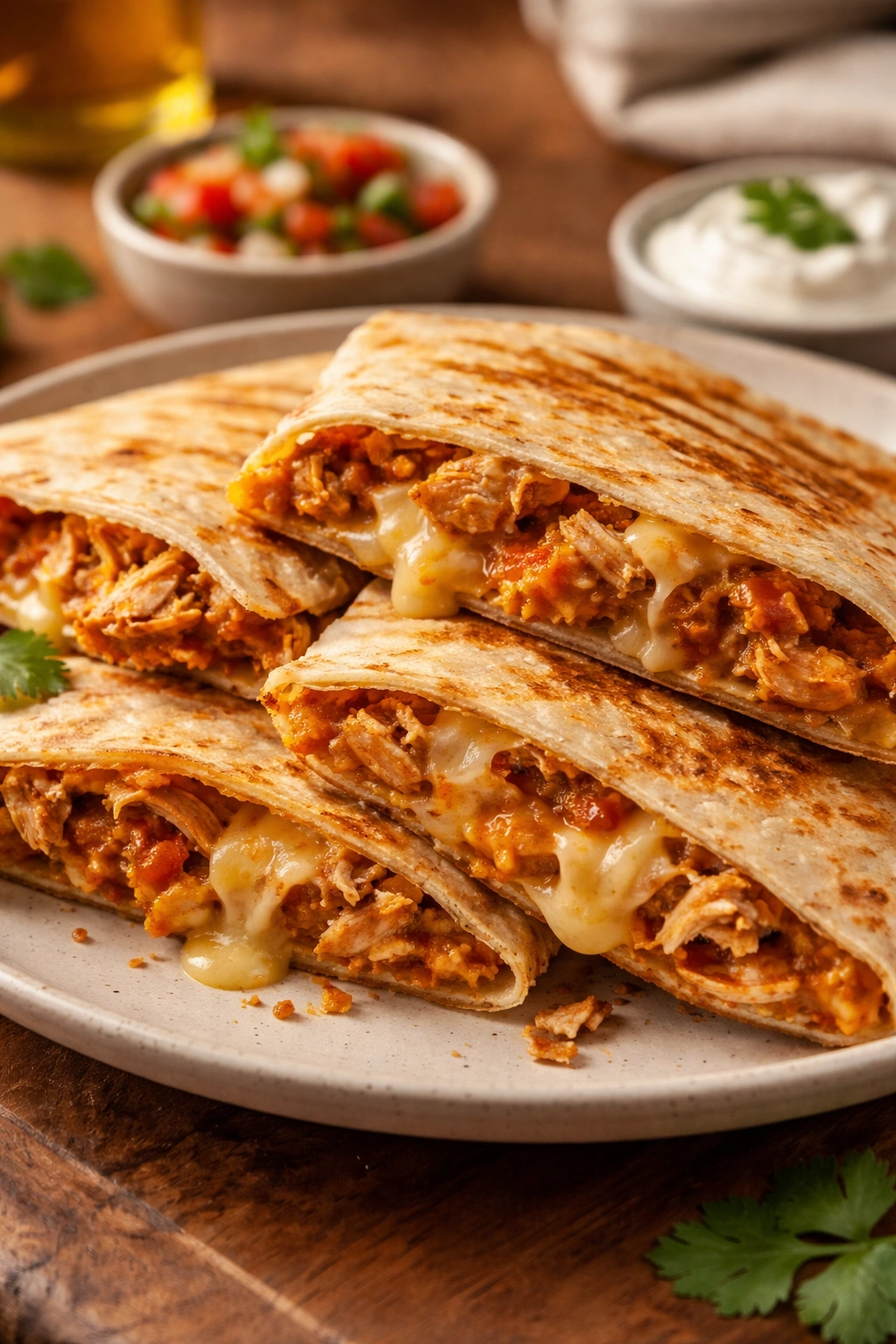 Quesadilla with melted cheese and shredded chicken on a plate.