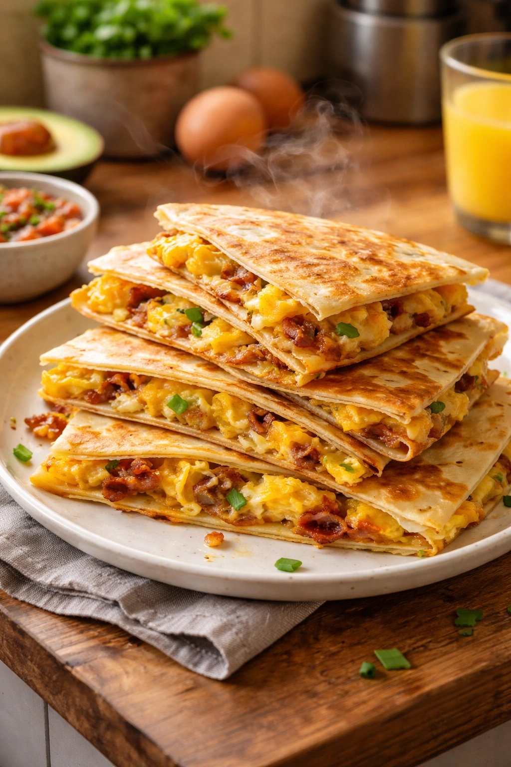 Close-up of crispy quesadillas stacked on a plate with melted cheese