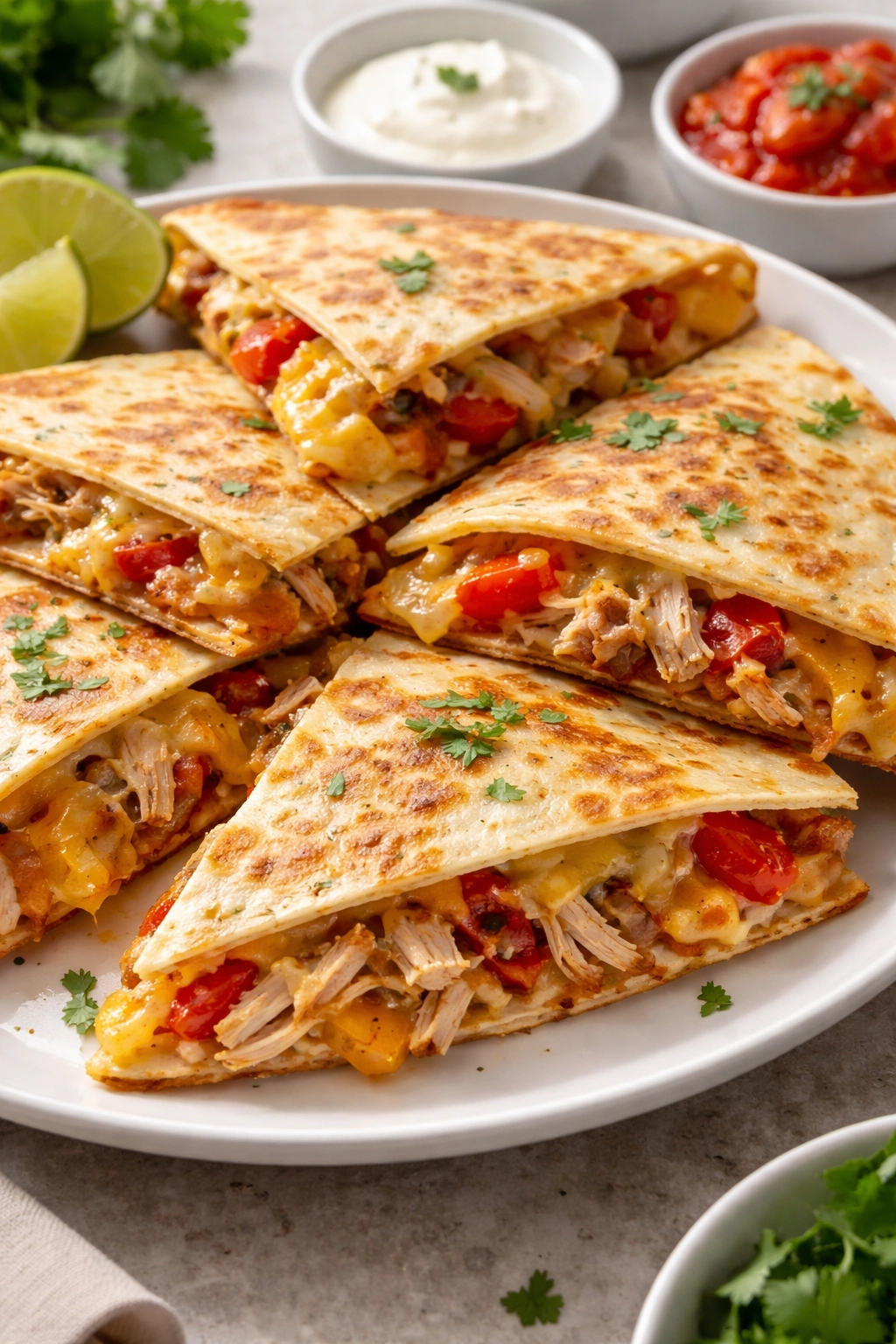 Close-up of a golden quesadilla with melted cheese and roasted peppers on a white plate