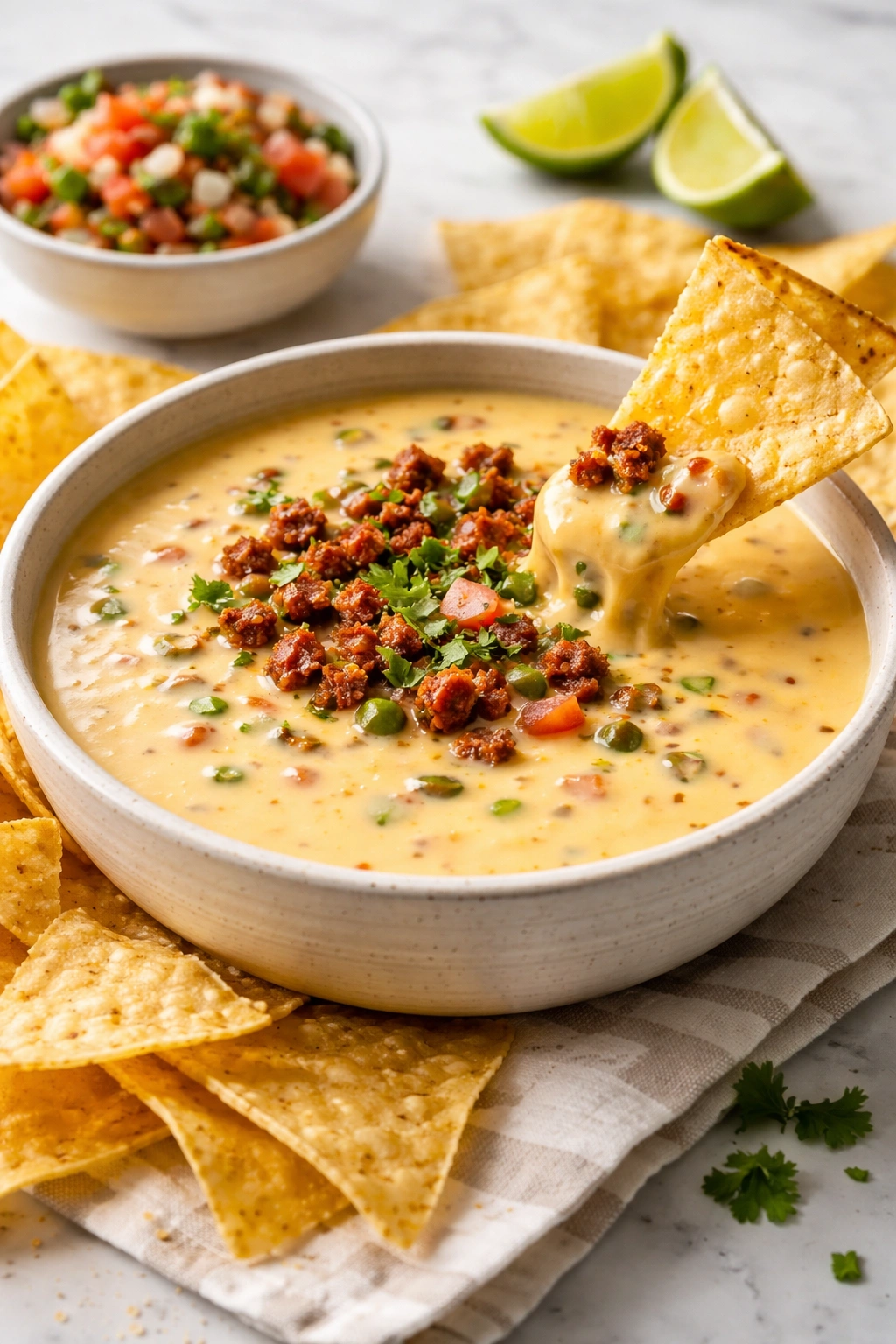 Silky queso cheese dip in a shallow bowl.
