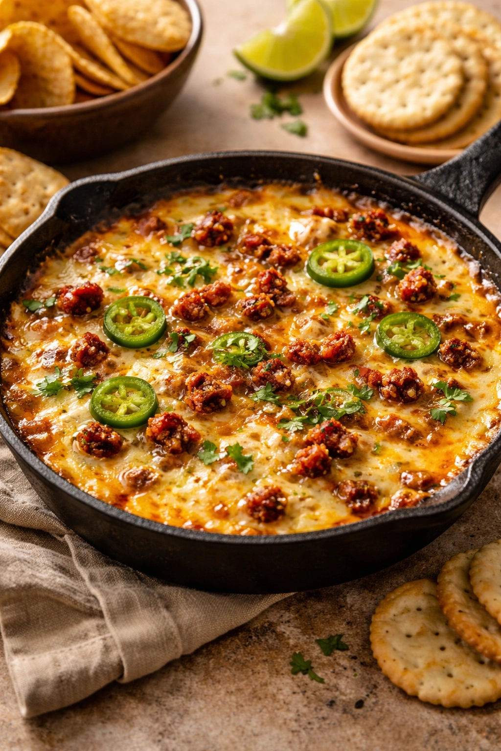 Bubbling queso fundido with chorizo and jalapeño in a skillet