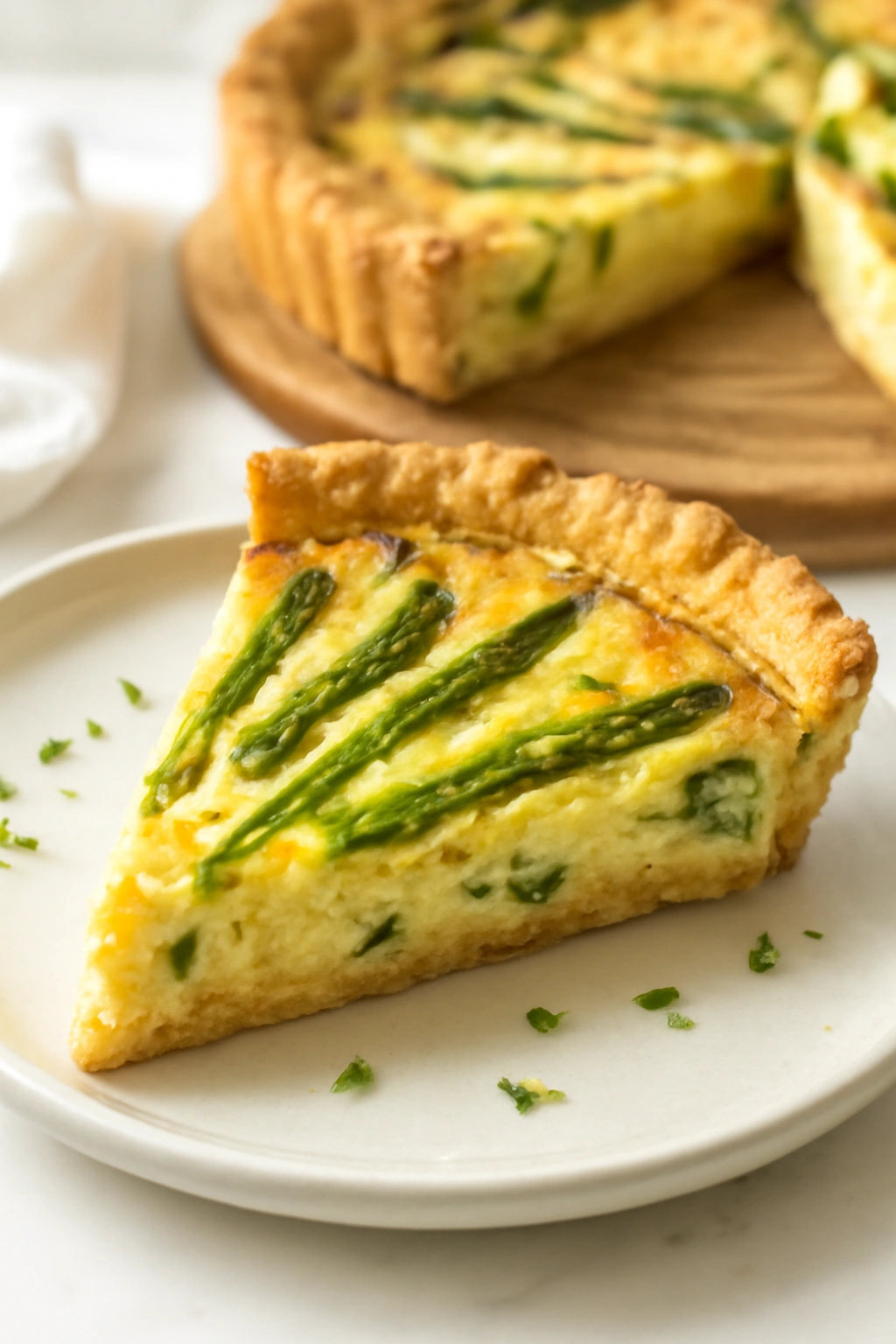 Slice of asparagus quiche with Gruyère on plate
