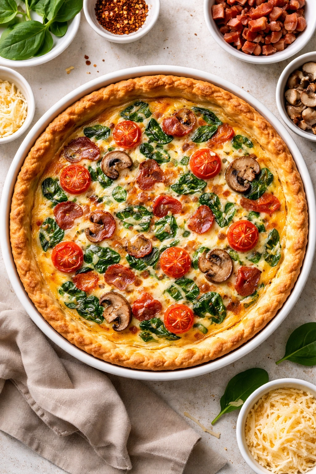 Quiche with colorful vegetables and cheese filling visible on top
