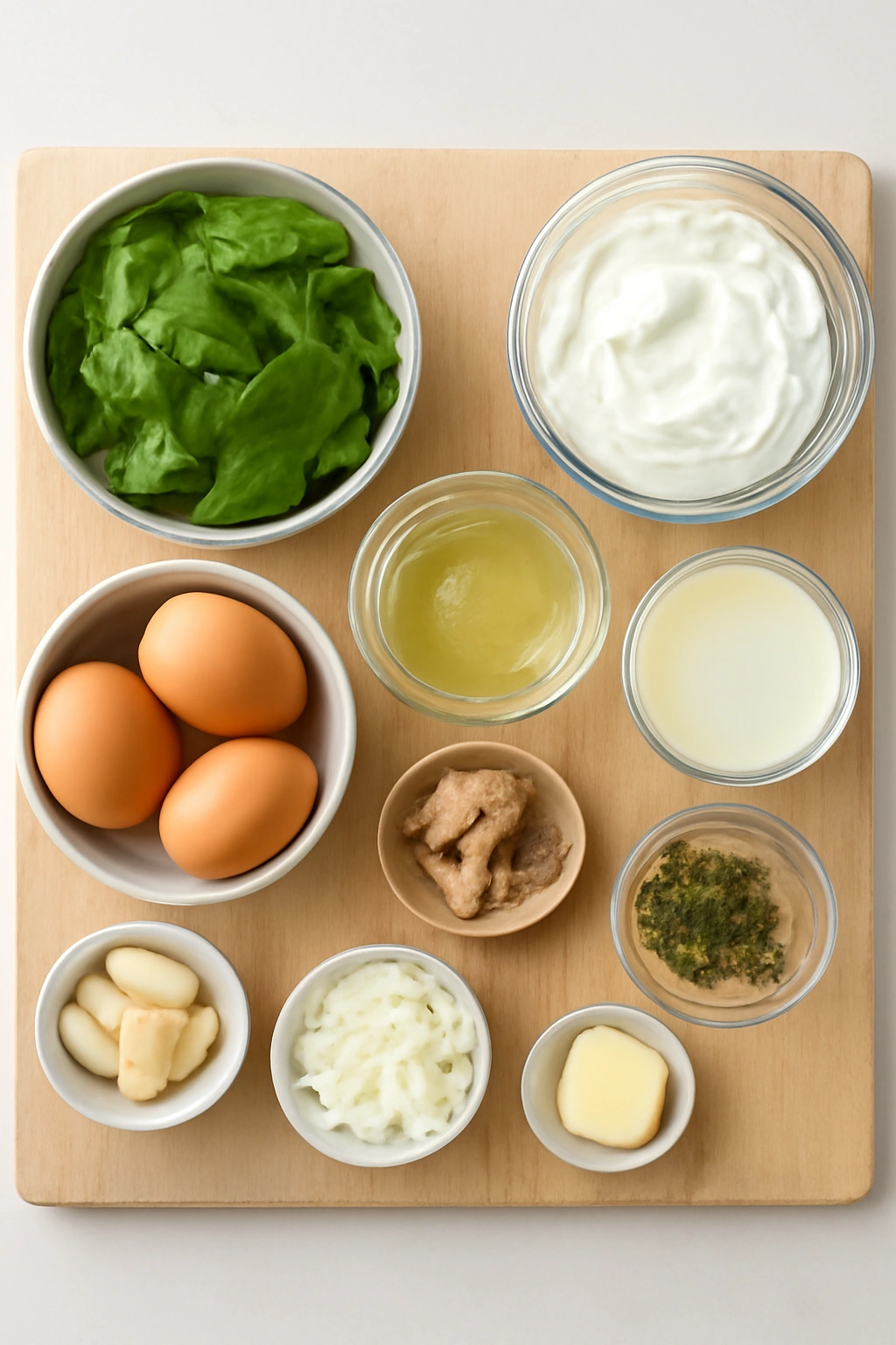 Top-down arrangement of quiche ingredients on a light surface