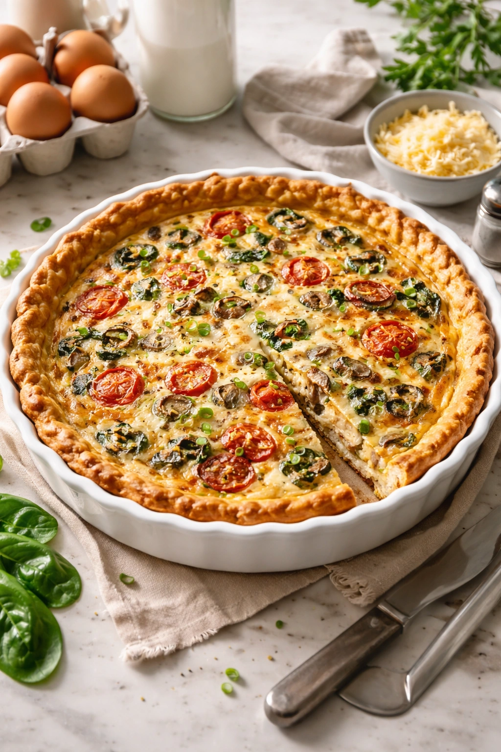 Close-up of a golden quiche in a 9-inch dish on a neutral countertop