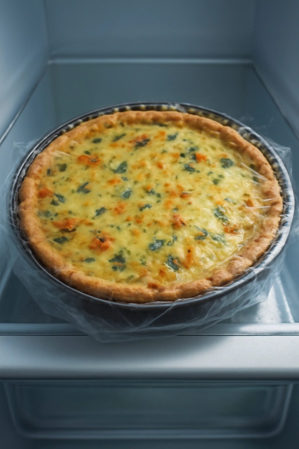 Quiche assembled and wrapped for make-ahead storage in the fridge