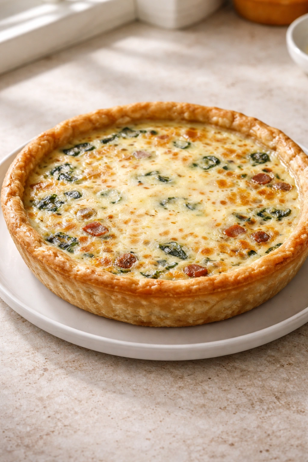 Quiche with soggy crust and pale custard indicating common mistakes