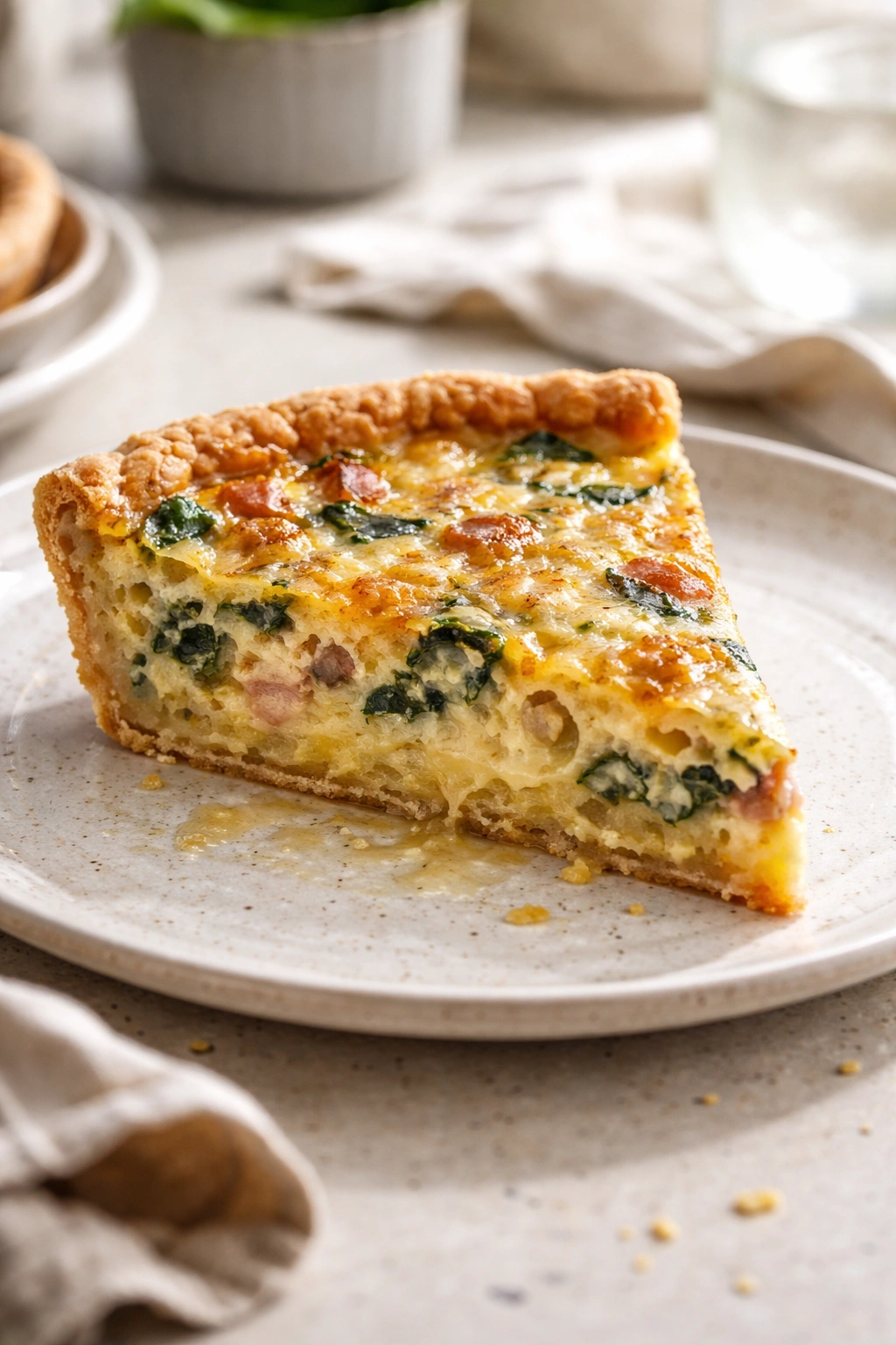 Quiche slice showing underbaked center and uneven texture