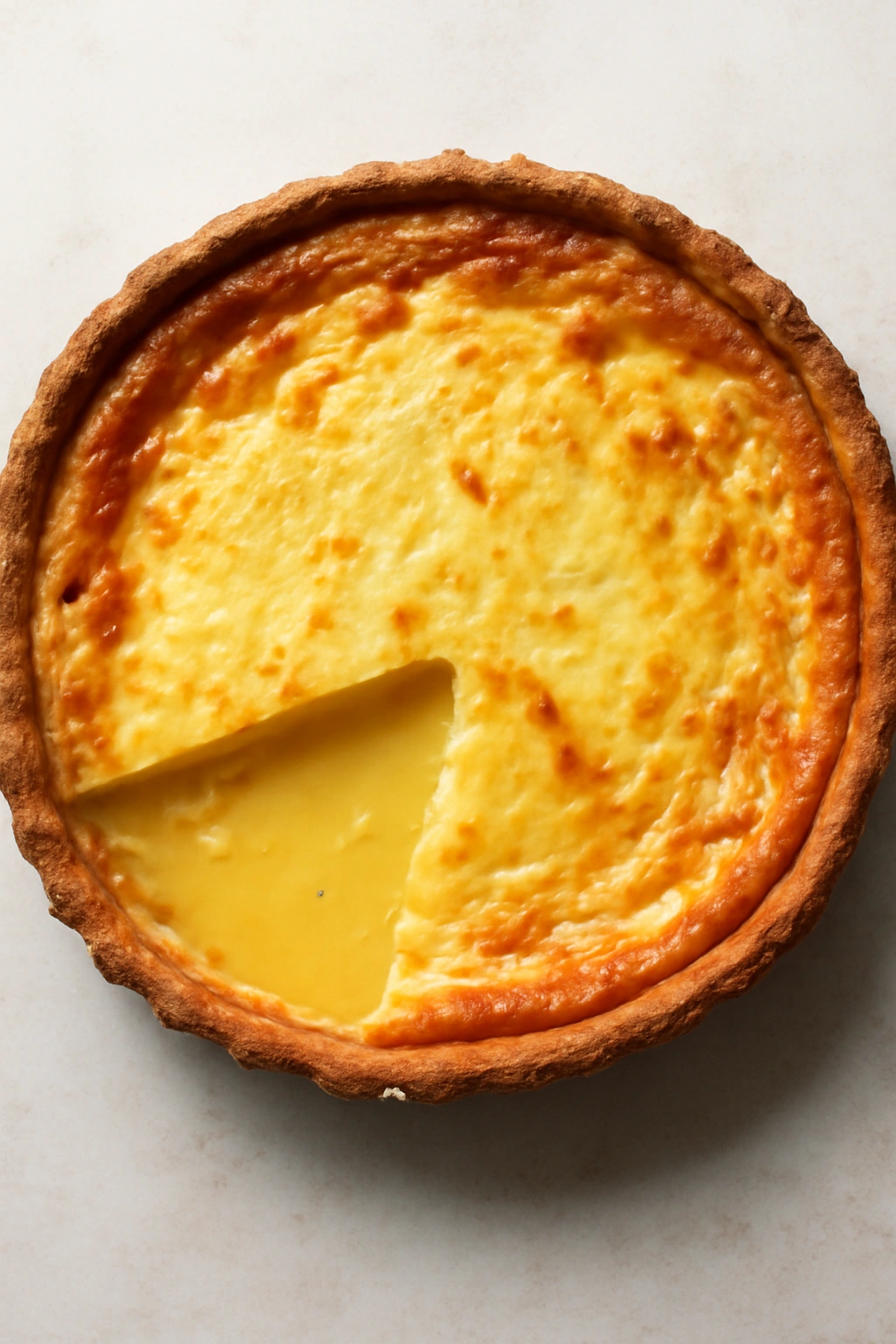Close-up of a quiche with separated custard and watery surface to illustrate common mistakes