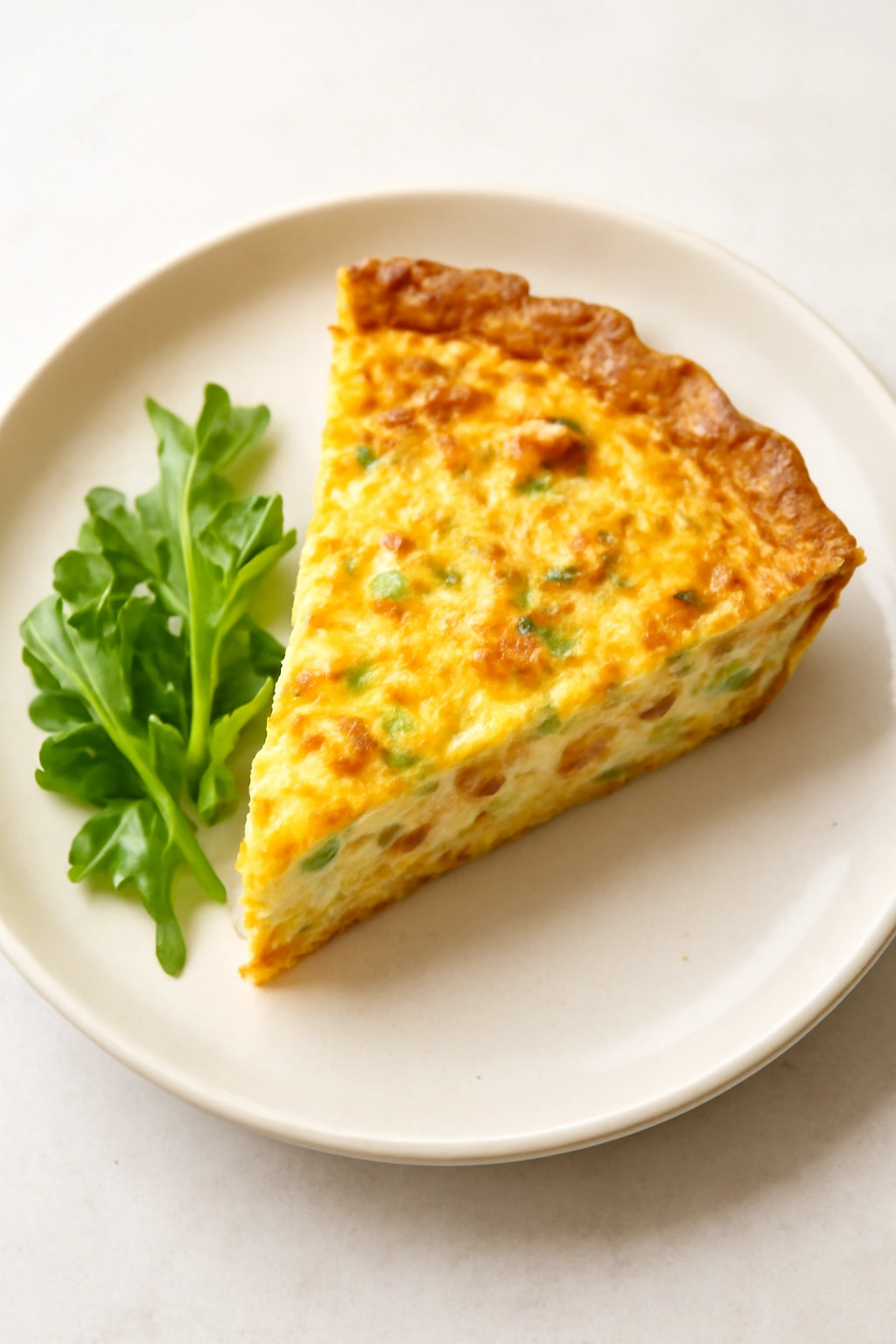 Slice of quiche on plate with a small greens garnish for brunch pairing