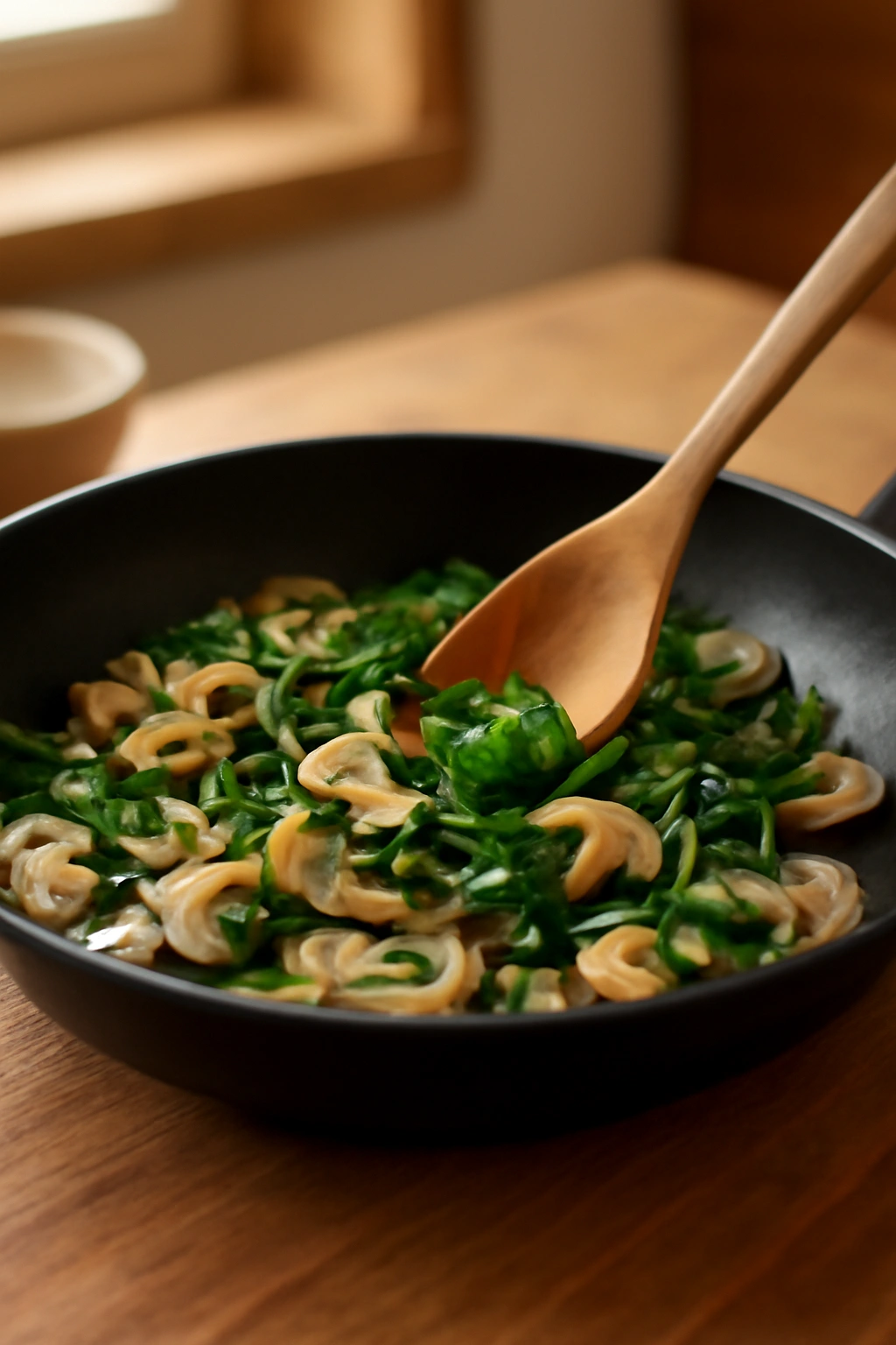 Skillet with sautéed onions, mushrooms, and spinach for quiche filling