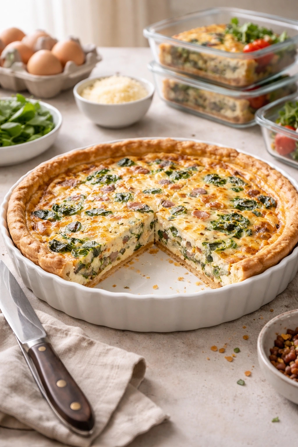 Quiche slice with eggs and bacon flecks on a neutral counter