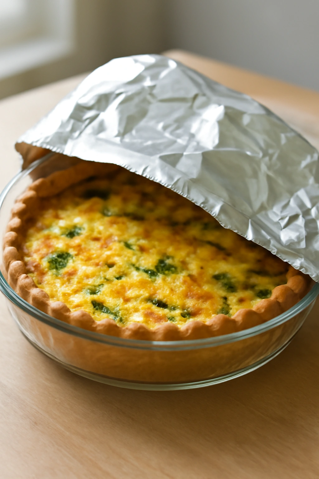 Quiche being reheated gently in the oven under foil to preserve texture
