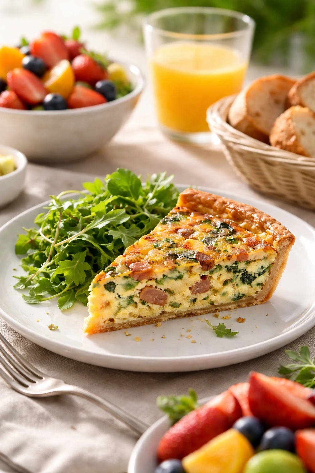 Slice of quiche on white plate with greens garnish