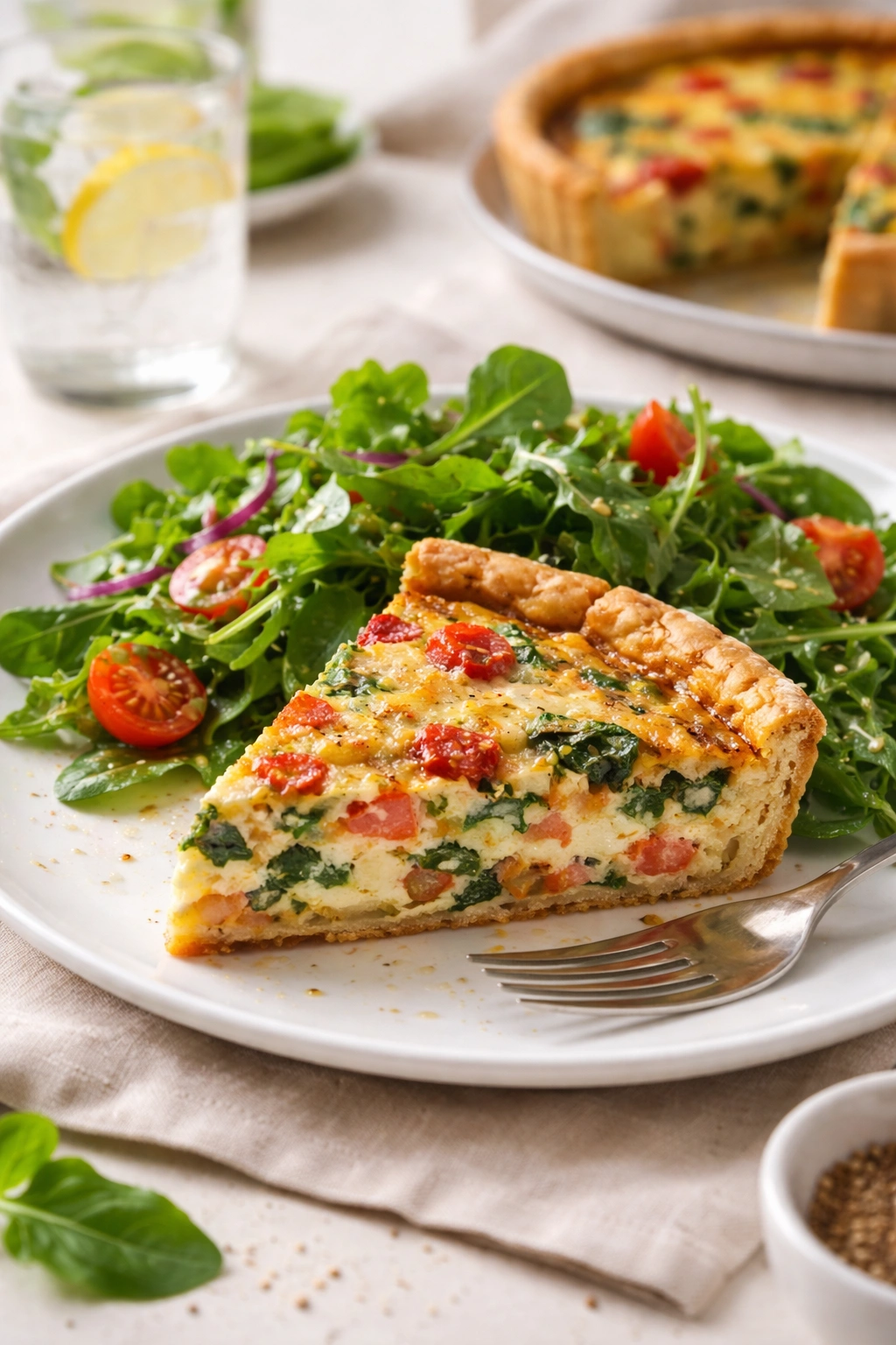 Quiche slice served with a side salad for a balanced meal