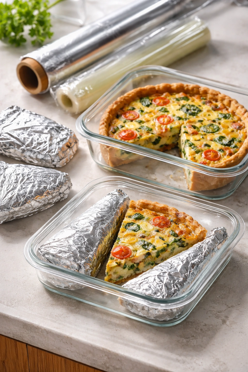 Quiche stored in airtight container with wrap and foil for freezing
