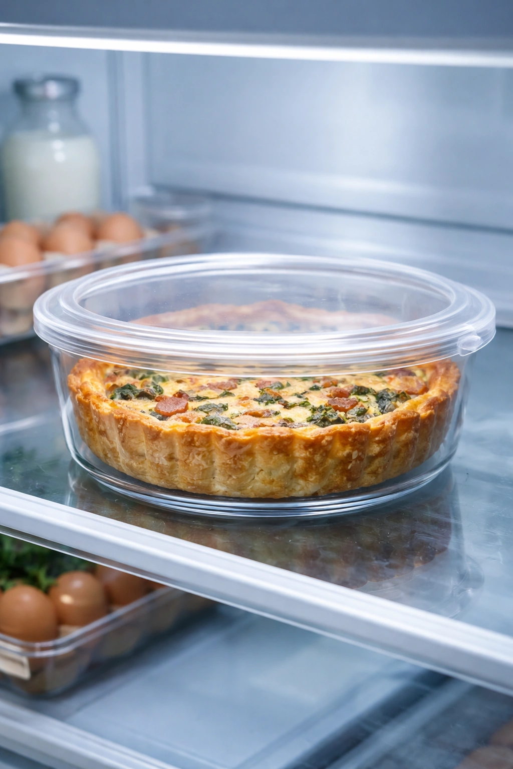Quiche stored in a clear container on a fridge shelf