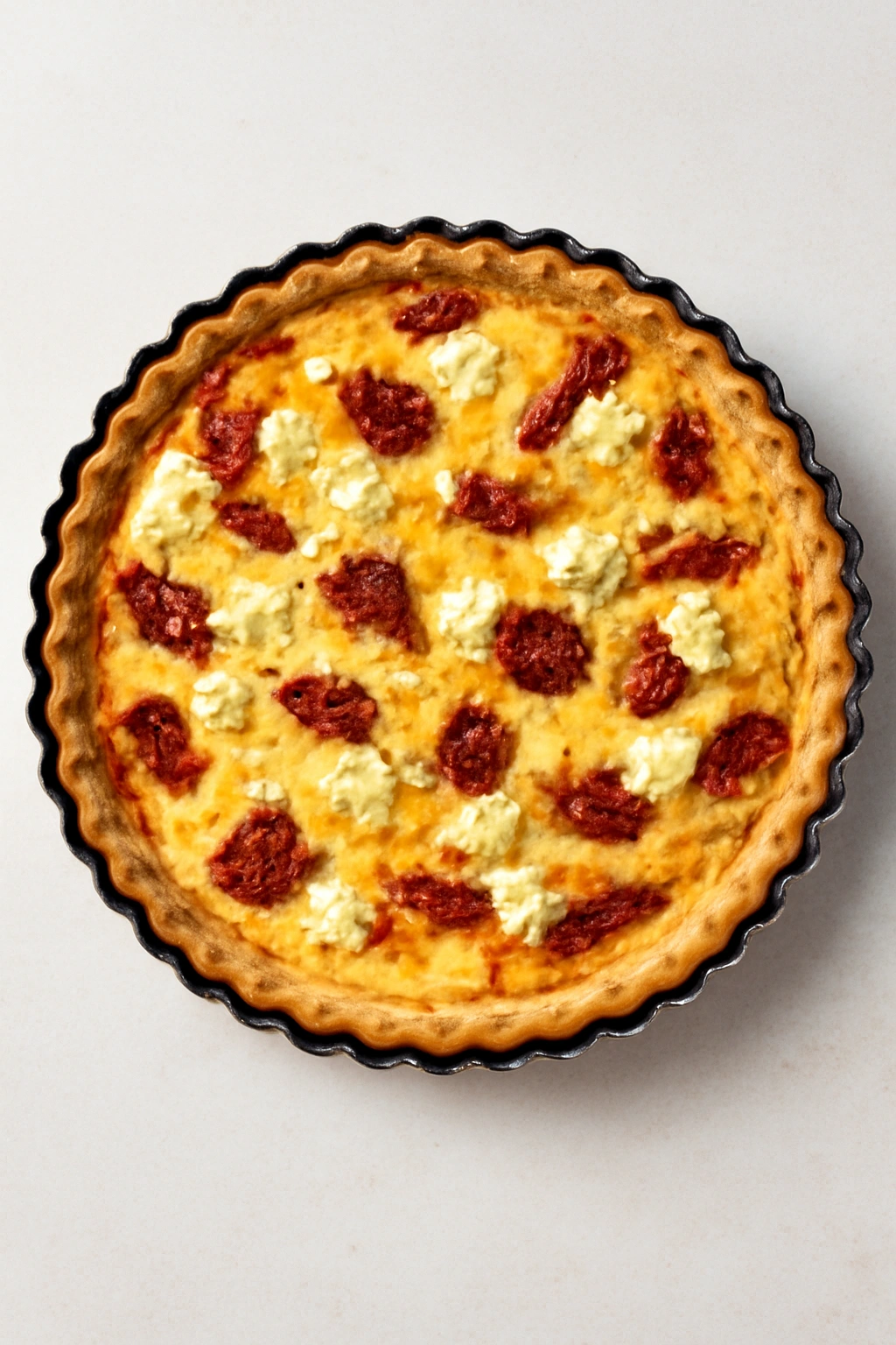 Quiche featuring sun-dried tomatoes and goat cheese in a tart crust