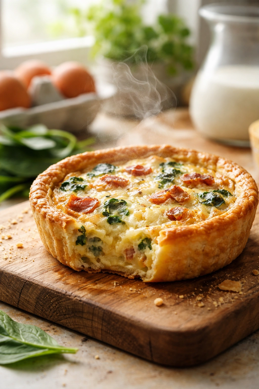 Close-up of quiche with creamy center on cutting board, illustrating ideal custard texture