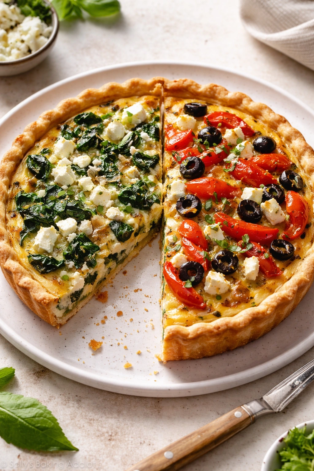 Quiche half spinach feta half peppers olives topping