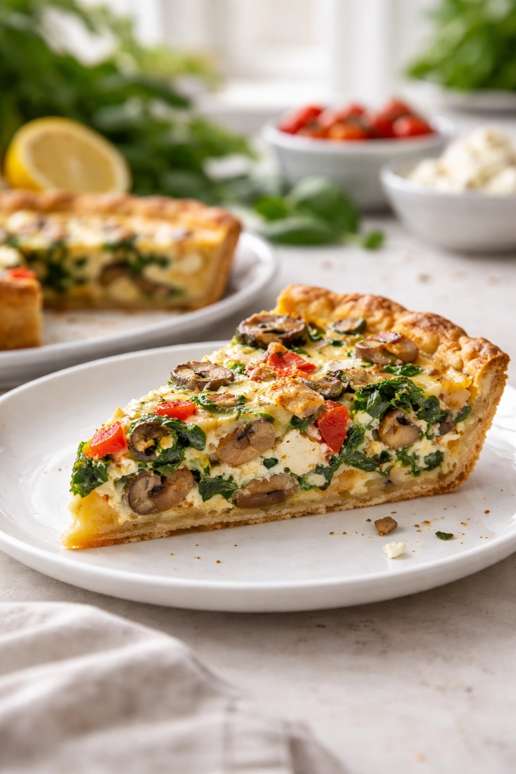 Colorful quiche wedge with varied fillings like spinach, mushrooms, peppers and cheese