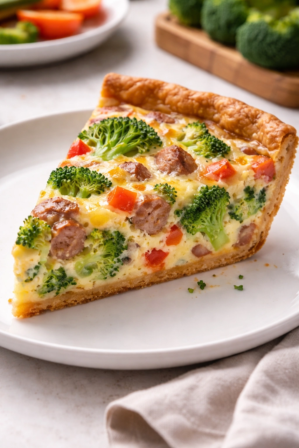 Quiche cross-section with broccoli and sausage in custard