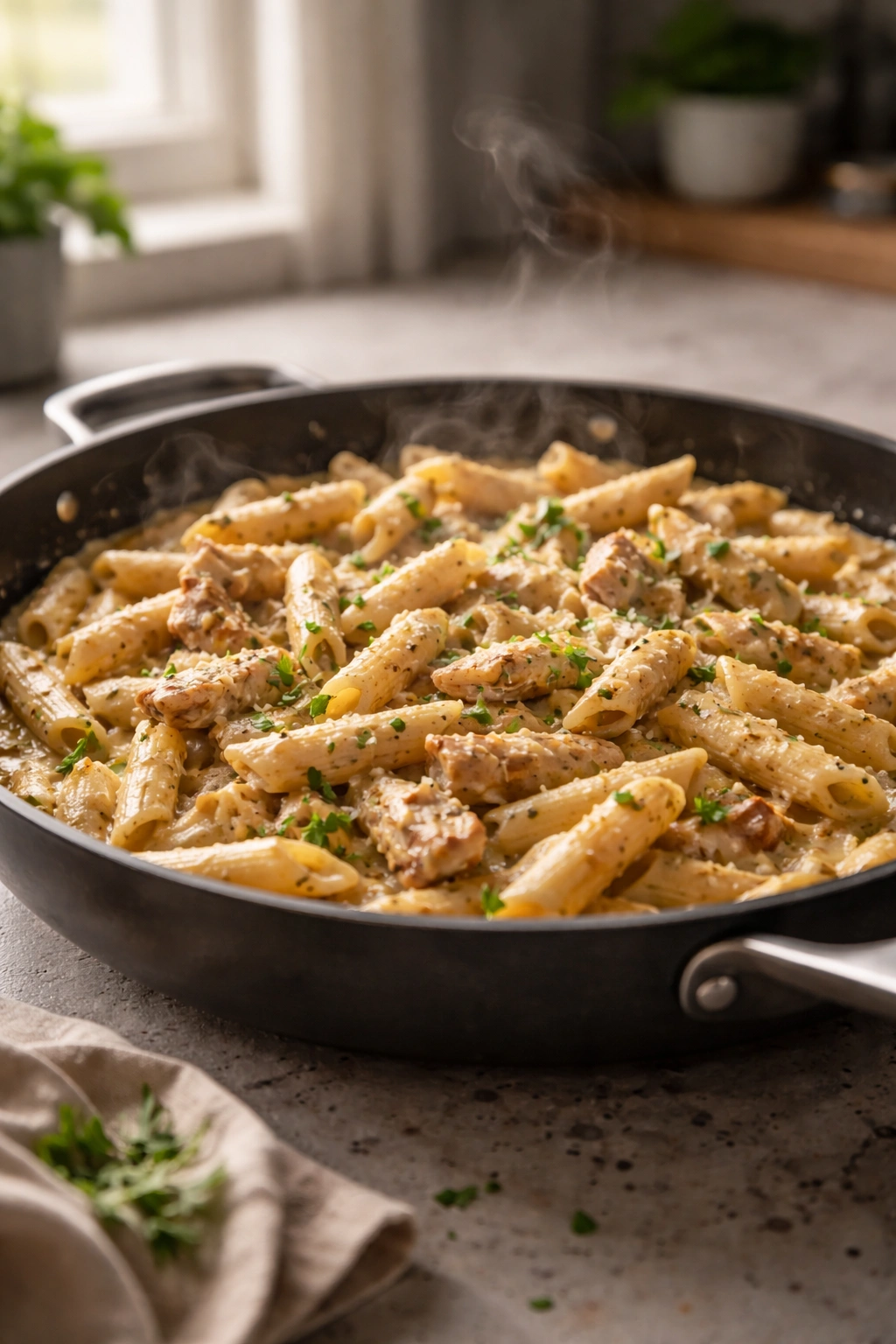 Creamy chicken penne in a skillet representing a quick, flavorful weeknight dinner